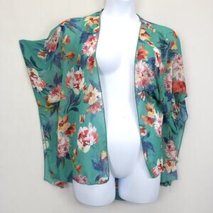Polly & Esther Kimono Womens L Green Floral Sheer Chiffon Boho Cover Up